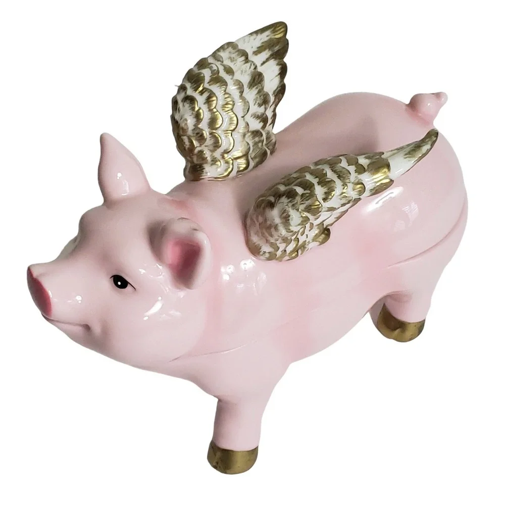 Department Dept 56 When Pigs Fly Flying Pink Pig Ceramic Trinket Box Vintage